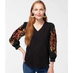 Chico's Black Bird Embroidered Puff Sleeve V-neck Blouse Women's size 2 / Large